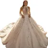 Neck enkel hög spets bröllopsklänning boll klänning elegant illusion full ärm brudklänningar långa tåg vestido de novia s