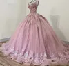 Baby rosa 2020 bollklänning quinceanera prom klänningar spets pärlor prinsessa flickor födelsedag formella klänningar med juvelhals ärmlös lac3998032