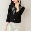 Damesblouses Sexy Borduren Zwart Shirt Voor Vrouwen Elegante V-hals Lange Mouw Mode Zijden Blouse 2024 Lente Vrouwelijke Stijl Tops