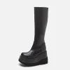 ブーツ冬のブーツ女性防水イギリススタイルローマ厚い靴底様式のミッドカーフサイドジッパーウェッジラウンドトープラットフォームパーティー女性靴43