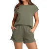 Damen-T-Shirts, zweiteilige Outfits, Leinen-Sets, kurze Ärmel, Knopf-Crop-Tops, lässige Shorts-Set mit Taschen, modisch und einfach