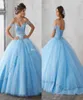 Light Sky Blue Ball Gown Quinceanera Dresses Cap ärmar Spaghetti Beading Crystal Princess Prom Party Dresses For Sweet 16 Girls5274209