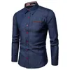 Autumn Mens Pocket Panel Leather Long Sleeve Shirt Anti Denim Versatile Slim Fit Shirt 240322