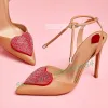 Sandali Crystal Heart Decals Sandals appuntiti Donne Bling Sweet Nude Pink Chic Teli Scarpe Ladies Summer Laceup Dress Sandals