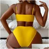 Bikini Set 7 Kleuren Hoge Taille Bikini Gewatteerde Harde Wrap Top Met Ketting Shoder Bandjes Dames Fluorescerend Groen/Zwart/Fel oranje Drop Oteav