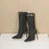 ブーツochanmeb stiletto heels women denim jeans boots with zipperベルトサイドポケットシュー