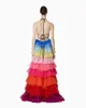Jupes frappantes colorées à plusieurs niveaux Organza longues femmes pour faire la fête a-ligne longueur de plancher arc-en-ciel femme Maxi jupe de mariée