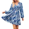 Casual Dresses Women's Midi Dress Long Sleeve Shirred Bodice Floral For Fall Party Beach Tryckt Surplice Neck