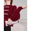 Ethnische Kleidung 2024 Chinesischer Stil Roter Pullover für Frauen Herbst und Winter Seide Rundhals Knopf Strickjacke Top Eleganter Mantel