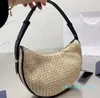 Gewebte Unterarmtasche Strohhandtaschen Lafite Grass Halbmonatstaschen Damen Clutch Handtasche Ledergriff Reißverschluss Mode Brief