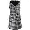 Women's Vests Thick Wool Waistcoat Jacket Women Loose Long Casual Houndstooth 2024 Spring Fall Hooded Vest Female Outwear