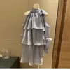 Casual Dresses French Style Beautiful Halter Ruffled Purple Short Female 2024 Summer Pure Fashion Long Sleeve White Dress Ladies