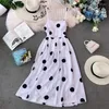 Sıradan Elbiseler 2024 Yaz Kadınlar Elbise Zarif Yüksek Bel Polka Dot Spagetti Kayış Tatil Uzun Kore Moda Plaj Vestidos