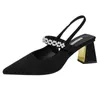 Dress Shoes Black Mid Heel Sandals For Women 2024 Summer Shiny Crystal Straps Pointed Toe Woman Slingbacks Pumps Ladies