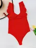 Damen-Badebekleidung, roter Bikini, Rüschen, Badeanzug, ausgeschnitten, einteilig, sexy Damen-Strand-Outfit, Mikro-Bikinis-Sets, Badeanzug, Monokini