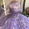 Лавандовое блестящее бальное платье с открытыми плечами, платья Quinceanera, аппликация, кружевной тюль с накидкой, сладкий корсет 16, Vestidos De 15 Anos
