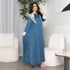 Roupas étnicas Azul Abaya Diamantes Grande Colar Jalabiya Muçulmano Vestido Longo para Mulheres Eid Djellaba Islâmico Casual Solto Robe Decote Gravata