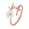 With Side Stones Delicate Zircon Crystal Leaf Shell Flower Ring For Women Ladies Girls Rose Gold Color Finger #272054