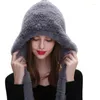 Scarves 2024 Ladies Knitted Scarf Real Rex Fur Hooded Winter Warm Natural Novel Wool Hat Large Female