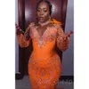 Orange Arabic Aso Ebi Mermaid Prom Dresses Beaded Crystals Feather Evening Formal Party Second Reception Birthday Engagement Gowns Dress ZJ