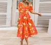 Casual Dresses Women's Dress 2024 Spring Lantern Sleeves V-Neck Bohemian Flower Print High midje Slim Fit Maxi A-line kjol