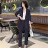 Womens Office Suit Fashion Blazer Pantsuit Simple Solid Color Spring Summer Half Sleeve Top Trousers 2 Piece Set 240315