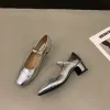 Pompalar Gümüş Bale Yüksek Topuklu Kadın Bahar Sonbahar Kore tarzı kare Mary Jane Ayakkabı Günlük Parti Pompaları Zapatos Para Mujer