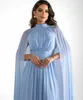 Robes de bal plissées longues bleu clair chic avec Cape a-ligne col haut en mousseline de soie longueur de plancher fermeture éclair dos robes de bal pour les femmes