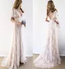 2022 Champagne Country Bohemian Wedding Gown Dresses V Neck Kort ärm spetsar backless brudklänningar plus storlek4864556