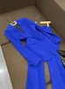 2024 Lente Blauwe Effen Kleur Tweedelige Broeksets Lange Mouw Notched Revers Single-Breasted Blazers Top + Flare Broek Broekset Tweedelige Pakken O4M212650