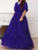 Abiti da festa Plus Size Scollo a V Manica corta Big Swing Banchetto Matrimonio Paillettes Abito da sera blu royal 4xl 5xl Lungo lucido