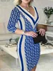 Basic Casual Dresses Womens printed tight fitting dress 2024 spring sticker or sexy V-neck bag buttocks body party mini dress casual long sleeved vest Q240322