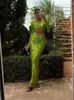 Mode féminine Sexy vert paillettes évider robes col en V à manches longues robe Maxi 2023 femmes soirée Club robes Robes 240304