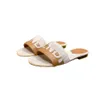 10 dagar levererat toppkvalitet Brown F Letter Brodery Slippers Slide Canvas Tyg Woven Summer Famous Sandals Shoes Slipon lägenheter Sandal Women Luxury Designers SL