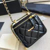 Womens Designer Oil Wax Leather Double Little Gold Balls Vanity Box Bags Black White Makeup Cosmetic Case GHW Crossbody Shoulder Lipstick Waist Chest Bum Purse 12CM