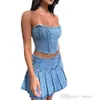 2024 Summer Denim Skirt Sets Fashion Jeans 2 Piece Set Women Sexy Sleeveless Bra Top And High Waist Split Mini Skirts For Girls Outfits