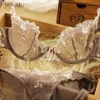 Sexy Set Logirlve Exquisite embroidery lotus pink ultra-thin womens sexy transparent lace underwear bra set 24322