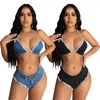 Women's Swimwear Sexy Jean Swimsuit Women 2 Pieces Set Tassled Denim Halter Drawstring Bra Mini Shorts Party Club Bikini Suit