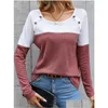 Camiseta feminina 2023 outono inverno cor bloco botão manga longa blusa feminina casual solto elegante lindo extraordinário sim otuso