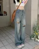 Jeans pour femmes Vintage bleu déchiré jambe large dame taille haute droite lâche décontracté streetwear long pantalon en denim