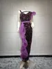 Casual Dresses 2024 Party Dress Glitter Purple Sequin Mesh Patchwork Formal Women Sexig Asymmetrical Ruffle Celebrity Tight Club