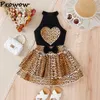 Prowow Childrens Skirts Sets for Girls Holter Heart Top and Frill Cake Skirt Leopard Kids Kids Girls Summer Outfitセット240319