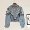 Autumn Fashion Heavy Work Beading Wash Denim Jacket Women Loose Short Denim Coats Studded Black Blue Jeans Jacket Streetwear240321