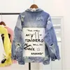 Womens Jackets Rugod New Vintage Letter Print Frayed Jean Jacket Women Autumn Winter Ripped Hole Denim Coat Female Bomber Casaco