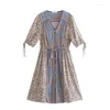 Robes de soirée Happie Queens Femmes Floral Imprimer Demi Manches Ceinture Bouton De Plage Bohème Midi Dames Lâche Col En V Rayonne Coton Boho Robe