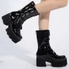 Buty zimowe gotycka punk platforma damska czarny patent skórzany pnącze kliny buty w połowie cielęcia butów bojowych p496