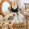 Dolce nero / bianco stampa scollo a V Abiti da ragazza di fiore Abiti da compleanno per ragazza Gonna da festa per ragazze Ragazza Abito da tutti i giorni Abbigliamento da festa per bambini SZ 2-12 D322113