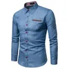 Autumn Mens Pocket Panel Leather Long Sleeve Shirt Anti Denim Versatile Slim Fit Shirt 240322