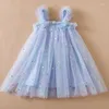 Flickaklänningar Sommarflickor 'Little Flying Sleeve Dress Children's Bow Strawberry Brodery Mesh Princess Baby för 1-5 år