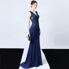 Party Dresses Plus Size Navy Blue Mermaid Evening Dress Exquisite Crystals Appliues Illusion Satin Long Formal Gowns For Women Drop